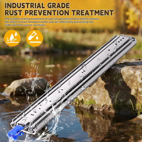 Heavy Duty Drawer Slides With Lock, 500 Lb Capacity shown with rust prevention treatment in outdoor setting