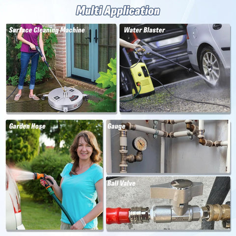 APOWER stainless steel 3/8 inch quick-connect kit for pressure washers, 8-piece male/female hose fittings.
