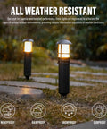 4 Pack Low Voltage Pathway Lights Dope 3W LED Outdoor Landscape Lighting 120 Lumen 3000K Warm White Wired Walkway And Driveway Lights In Black Metal illuminating a garden path in rainy conditions.