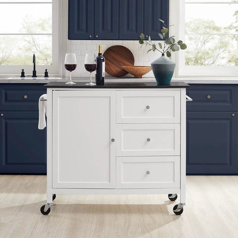 Granite Top Kitchen Island Cart With Rolling Wheels, Microwave Stand, Black Finish, shown in modern kitchen setting