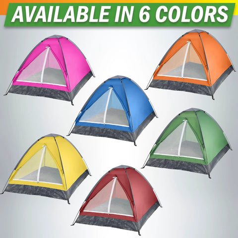 Two Person Pop Up Camping Tent With Rain Fly And Carry Bag in six colors, lightweight shelter for outdoor activities.
