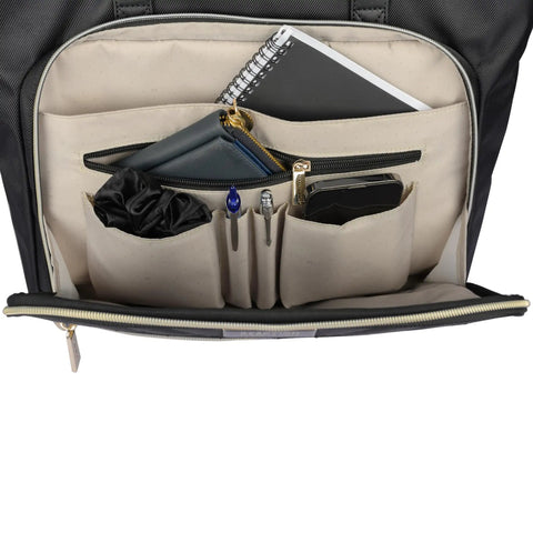 Interior of Madison Square Lightweight Hardside Chevron Expandable Spinner Luggage Set With organized pockets and notebook