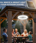 Badass Solar Ceiling Fan With Bright Led Light Pull String Switch Three Speed Modes IP65 Weather Proof Setup designed for gazebo outdoor dining.