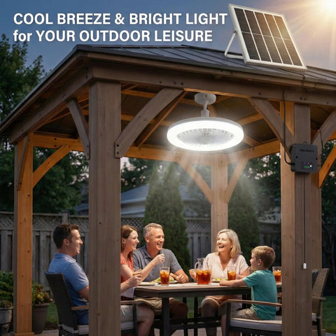 Badass Solar Ceiling Fan With Bright Led Light Pull String Switch Three Speed Modes IP65 Weather Proof Setup designed for gazebo outdoor dining.