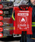Firefighter holding a red pack of 4 Pack 40x40 Inch Fiberglass Fire Blankets With 1 Pair Fire Resistant Gloves And 4 Hooks for fire suppression