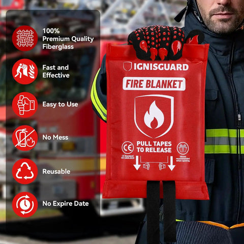 Firefighter holding a red pack of 4 Pack 40x40 Inch Fiberglass Fire Blankets With 1 Pair Fire Resistant Gloves And 4 Hooks for fire suppression