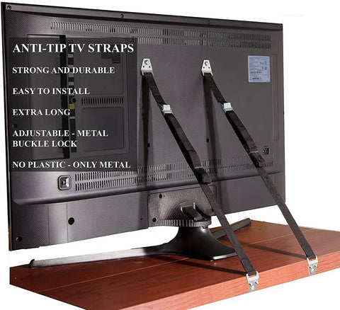 Heavy Duty Metal Anti Tip Straps Keep Your Furniture Locked Down Tight With Adjustable Wall Anchors Straight Up Steel Construction For Baby Proofing TV Mounting No Cheap Plastic Tricks Pack Of Two on a TV.