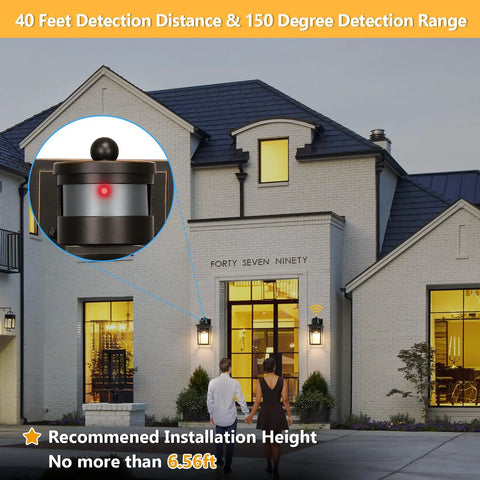 Motion Sensor Outdoor Wall Lantern With Remote, Dusk To Dawn Sensor installed on house with detection distance details