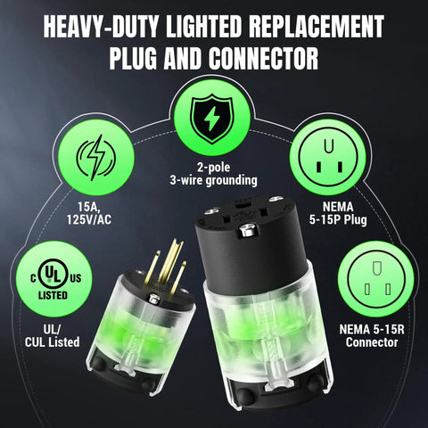 8 Piece Lighted Extension Cord End Replacements Set For NEMA 5-15P To NEMA 5-15R, 15 Amp 125 Volt, 2 Pole 3 Wire Grounding, Straight Blade, 360 Degree LED Power Indicator, DIY Friendly, UL Listed, Black plug and connector set