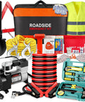 Grab And Go All In One Car Emergency Kit with Air Compressor, jumper cables, shovel, tow rope, first aid kit, tools, and safety gear.