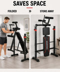 All-In-One Adjustable Weight Bench With Leg Extension And Curl shown folded for easy storage and set up in home gym.