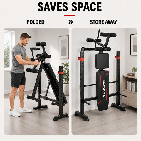 All-In-One Adjustable Weight Bench With Leg Extension And Curl shown folded for easy storage and set up in home gym.