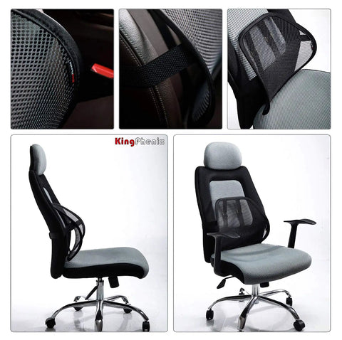 KingPhenix Two Pack Mesh Lumbar Support For Car And Office Chair shown on ergonomic office chair, breathable mesh, adjustable straps.