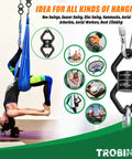 Heavy Duty 30Kn Swivel Carabiner With Legit 360 Degree Spin For Aerial Yoga Routines and Backyard Tree Swing Hooks, black and silver, with hanging blue fabric.