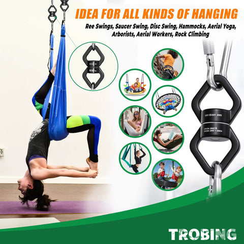 Heavy Duty 30Kn Swivel Carabiner With Legit 360 Degree Spin For Aerial Yoga Routines and Backyard Tree Swing Hooks, black and silver, with hanging blue fabric.