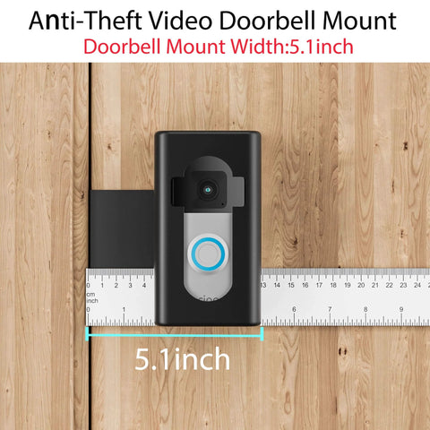 No Drill Anti Theft Video Doorbell Mount For Apartment Rentals Inward Swing Bracket 5.1 inch width with ruler on wood door