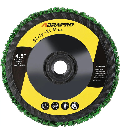 Close-up image of a green 4.5-inch strip disc with 5/8-11 thread for angle grinder, designed for fast metal cleanup and stripping paint.