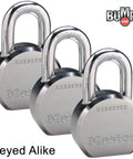 Three High Security Pro Series Padlocks Keyed Alike with Six Keys, Industrial Grade Lock Set, BumpStop Technology on display.