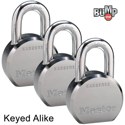 Three High Security Pro Series Padlocks Keyed Alike with Six Keys, Industrial Grade Lock Set, BumpStop Technology on display.