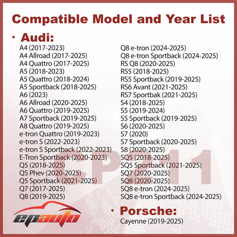 Model compatibility list for Activated Carbon Cabin Air Filter Replacement for Audi and Porsche 2017 to 2025
