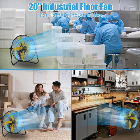 Heavy Duty 20 Inch High Velocity Floor Fan Delivers 5300 CFM On High, 3 Speed Settings, 360 Degree Tilt, Tough As Nails All Metal Build For Garage Workshop Shop Office Or Home Use, UL Listed in various settings including industrial and home environments.