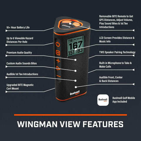 Wingman View Golf Speaker With GPS Yardage And Hazard Alerts On Course LCD Screen Remote Control Magnetic Cart Mount features