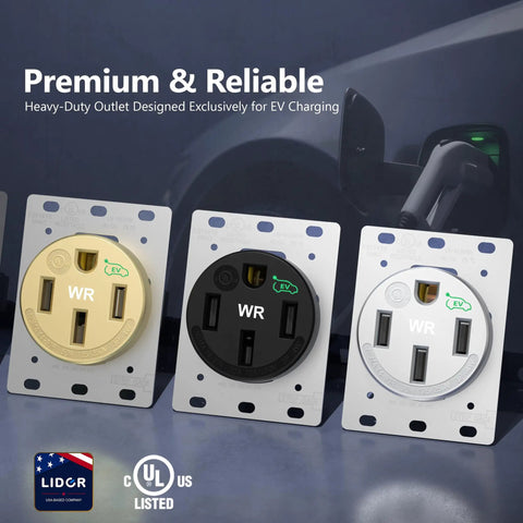 Matte Black 50 Amp Flush Mount Receptacle Nema 14-50R Ev Charger Socket with gold and white variants for EV charging.