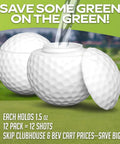 Mulligan Shots Golf Ball Shot Glasses With Lids 12 Pack Real Golf Ball Look 1.5 oz on golf course background, pouring drink
