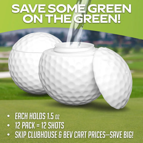 Mulligan Shots Golf Ball Shot Glasses With Lids 12 Pack Real Golf Ball Look 1.5 oz on golf course background, pouring drink