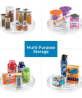 Recycled Plastic Lazy Susan Turntable Organizer with spices, jars, snacks, and household items for kitchen cabinets and pantry storage.