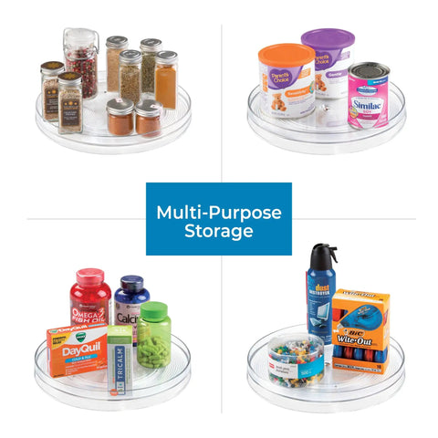 Recycled Plastic Lazy Susan Turntable Organizer with spices, jars, snacks, and household items for kitchen cabinets and pantry storage.