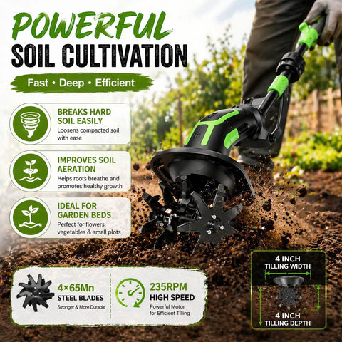 2 In 1 Cordless Tiller And Cultivator For Gardens And Lawns, 21V Battery Powered, Lightweight Handheld With Extension Rod