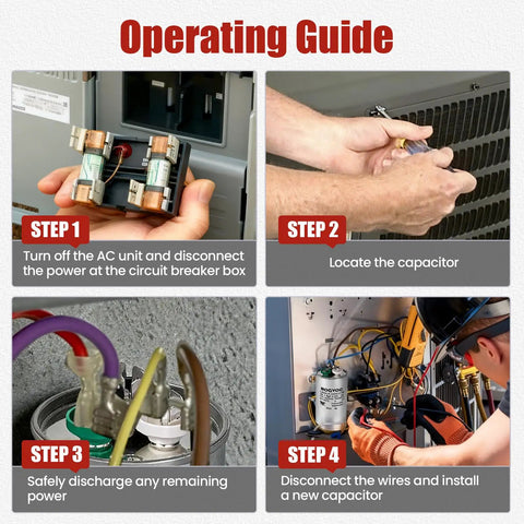 Operating guide for installing Dual Run AC Capacitor 45 Plus 5 UF 370 440V CBB65 UL Listed for air conditioners and heat pumps.