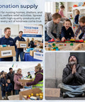 Collage of donation events with volunteers, children playing with toys, and a person in need with a 'Help' sign.