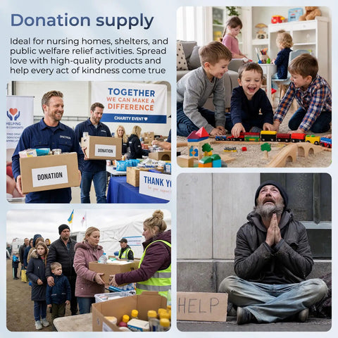 Collage of donation events with volunteers, children playing with toys, and a person in need with a 'Help' sign.