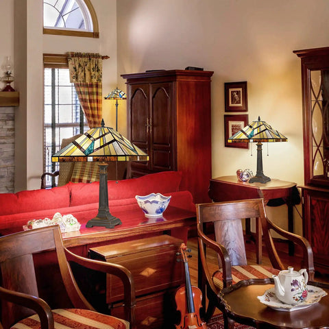 Two Light Tiffany Style Table Lamp With Antique Cream Amber Stained Glass, Handcrafted Shade in cozy living room setup