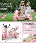 Two children riding a pink 12V Two-Seater Ride On Motorcycle for Kids - 3-Wheel Electric Motorbike with Dual 25W Motors, Bluetooth Music.