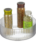 Clear 9 inch round Two Pack Fluted Lazy Susan Plastic Spinner Turntable for kitchen counter organizing spices jars.
