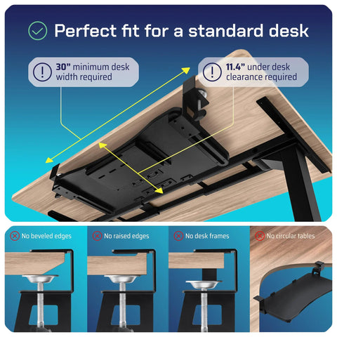 Under Desk Keyboard Tray That Slides Out With Adjustable Clamps For Desks Up To 1.5 Inches showing fit and specifications