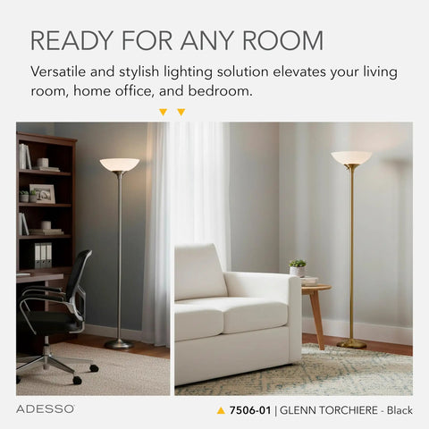 Black Torchiere Floor Lamp With Frosted White Shade, 300W Double Socket, 71-Inch Tall Modern Accent Lighting in Room Setup
