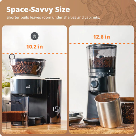 Legit Precision Coffee Grinder with Built in Dosing Scale and Conical Burr System Delivers Straight Up Accurate Results across Eight Grind Steps Perfect for Espresso Pour Over French Press Cold Brew, Matte Black, side-by-side comparison of sizes.
