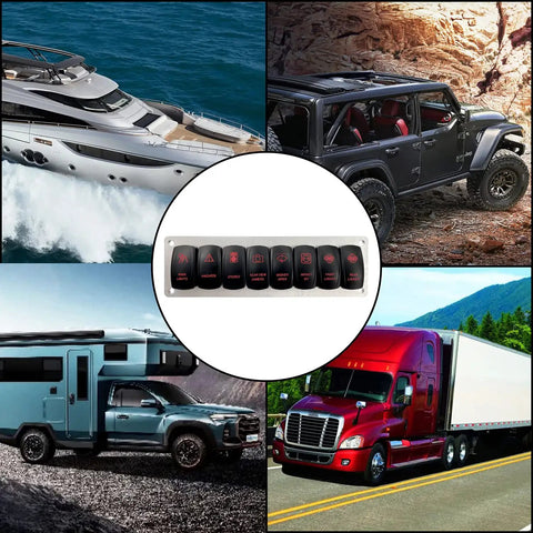 Eight Gang Custom Rocker Switch Panel with Silver Aluminum Mounting Bracket for various vehicles and 12V/24V systems