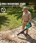 Person using Powerful Cordless Leaf Blower Delivers 550 CFM And 130 MPH For Wet Leaves And Heavy Duty Outdoor Cleanup on garden path