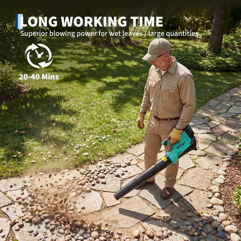 Person using Powerful Cordless Leaf Blower Delivers 550 CFM And 130 MPH For Wet Leaves And Heavy Duty Outdoor Cleanup on garden path