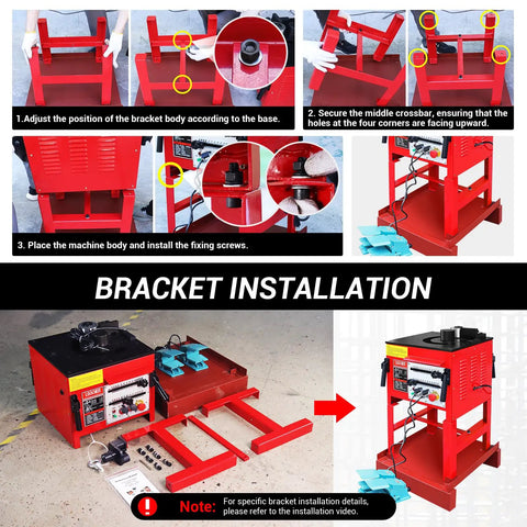 Bracket installation steps for LOschten 1700W Desktop Electric Hydraulic Rebar Bender on solid ground.