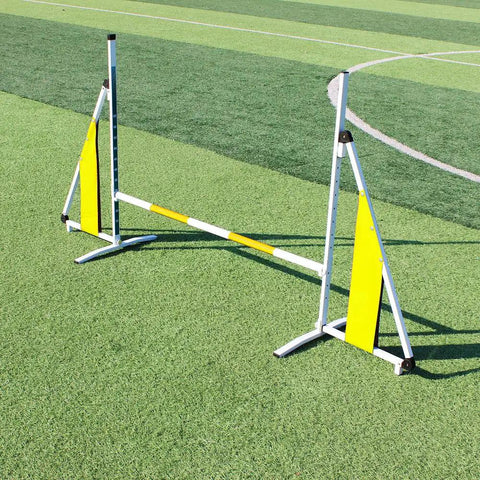 Adjustable Dog Agility Training Kit With Foldable Aluminum Obstacle Course set up on grass field, yellow panels visible