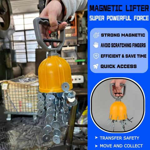 Powerful Magnetic Pickup Tool With Quick Release Lifter lifting metal scraps in a workshop environment