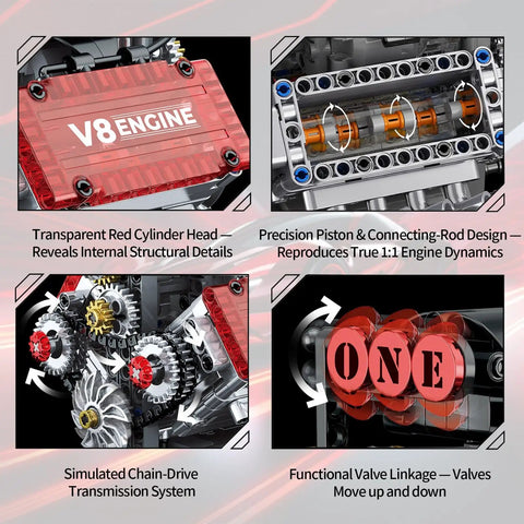 Mini V8 Engine Kit That Runs Real Pistons And Moving Crankshaft 478 Piece STEM Engineering Model with detailed mechanics