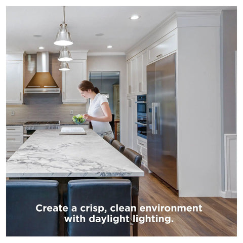 Kitchen lit by Zigbee A19 Daylight LED Light Bulbs, 8 Pack, 60W Equivalent, Hub Required, contemporary design with wood flooring.