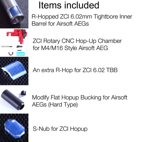 R Hop Go-To Upgrade Kit For Airsoft AEG Featuring ZCI 6.02 Tightbore Barrel items included list with components